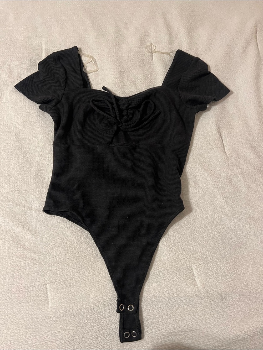 Black Ribbed Lace-Up Short Sleeve Bodysuit